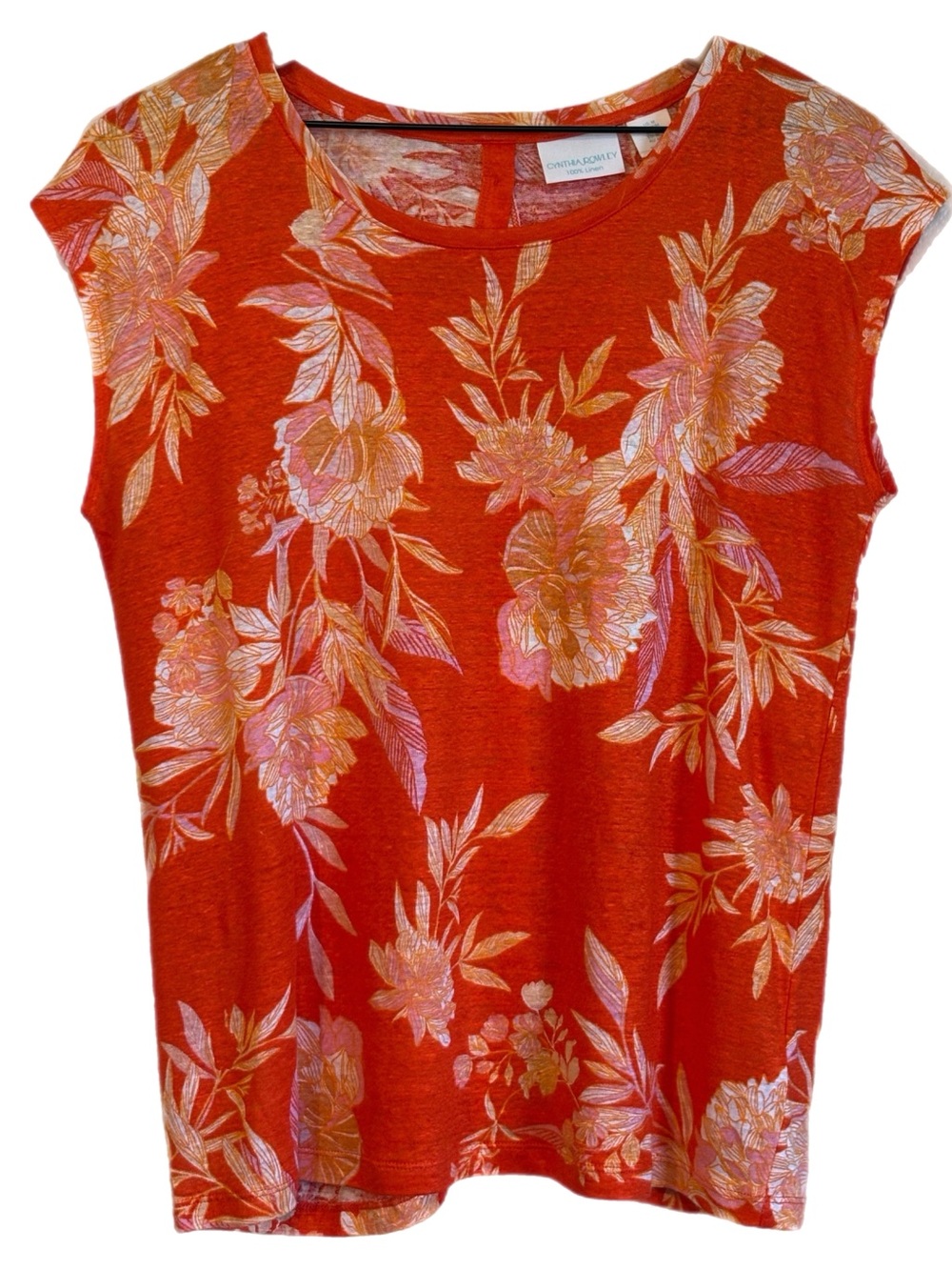 Cynthia Rowley Linen Orange Pink Floral Cap-Sleeve Button Down Back M Coastal